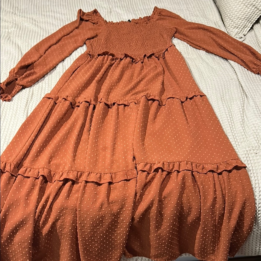 Orange Smocked Off-Shoulder Sundress with Bishop Sleeves